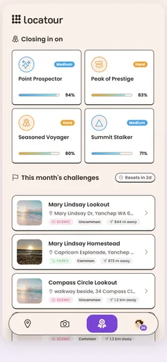 Locatour home screen listing nearby places with point values