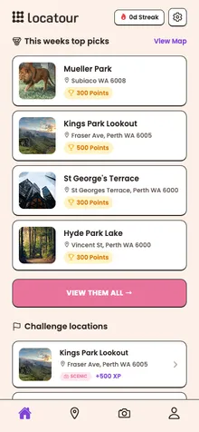 Locatour home screen showing this week's top picks