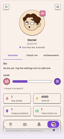 A successful check-in awarding 300 XP and advancing the level bar