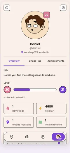The Locatour profile screen showing level, day streak, total XP, unique locations and total check-ins