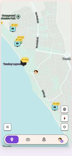 The Locatour explore map showing nearby spots, each with its point reward
